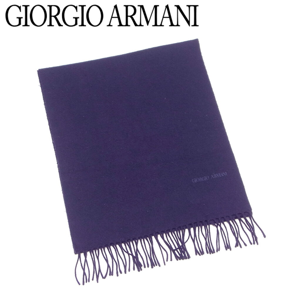 【スプリングセール】ジョルジオ アルマーニ マフラー フリンジ付き ロゴ刺繍 ネイビー ウール 毛 GIORGIO ARMANI 【ジョルジオ アルマーニ】 d2180s 【中古】