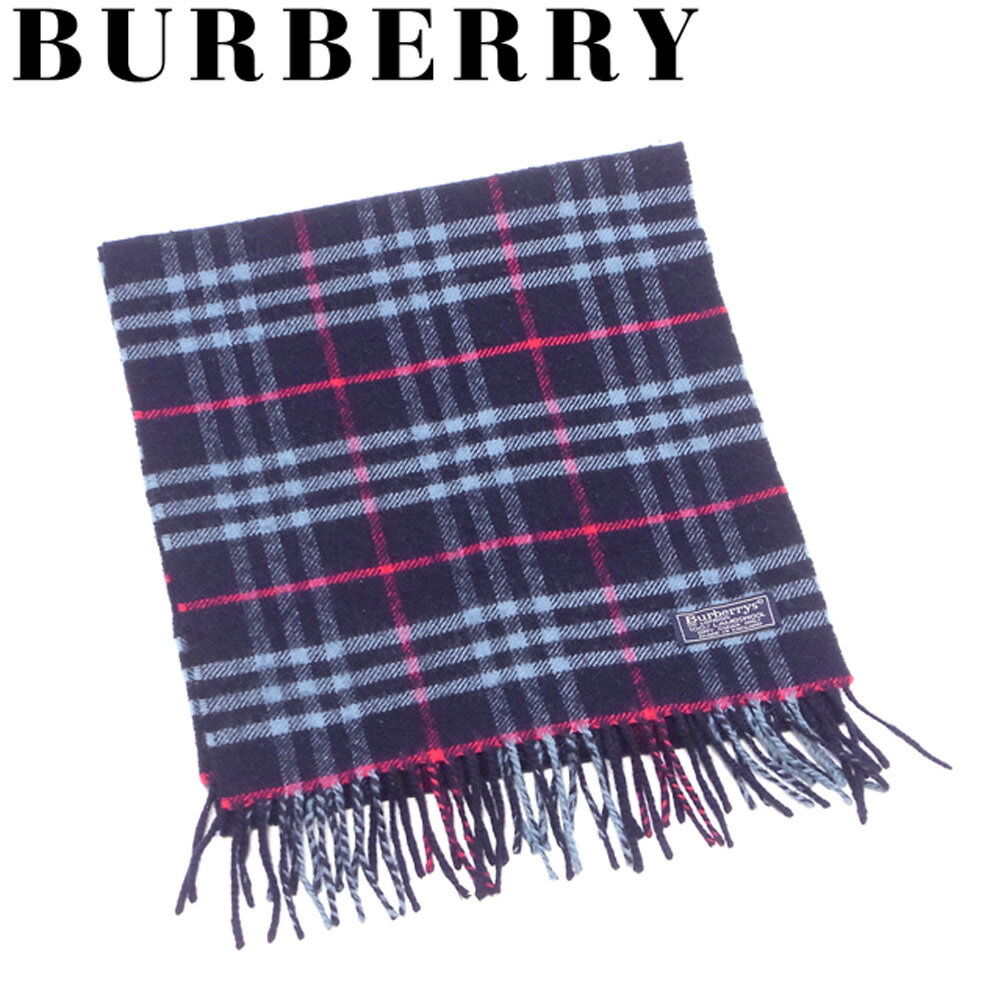 【スプリングセール30％OFF】バーバリー BURBERRY マフラー フリンジ付き レディース メンズ ネイビー ブルー レッド ウール 毛 【バーバリー】 T16814 【中古】