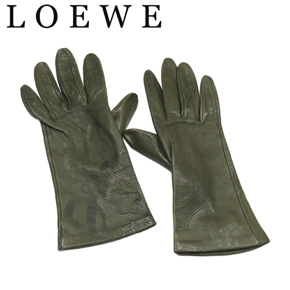 【ブラックフライデー30%OFFクーポン】ロエベ 手袋 グローブ レディース アナグラム グリーン レザー LOEWE l3439s 【中古】 ブランド ハイブ...