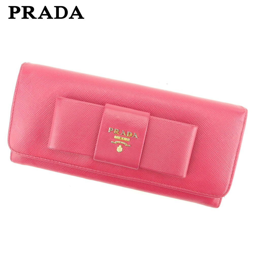 【スプリングセール30％OFF】プラダ 長財布 ファスナー付き 長財布 リボンモチーフ ピンク レザー PRADA 【プラダ】 t15769s 【中古】