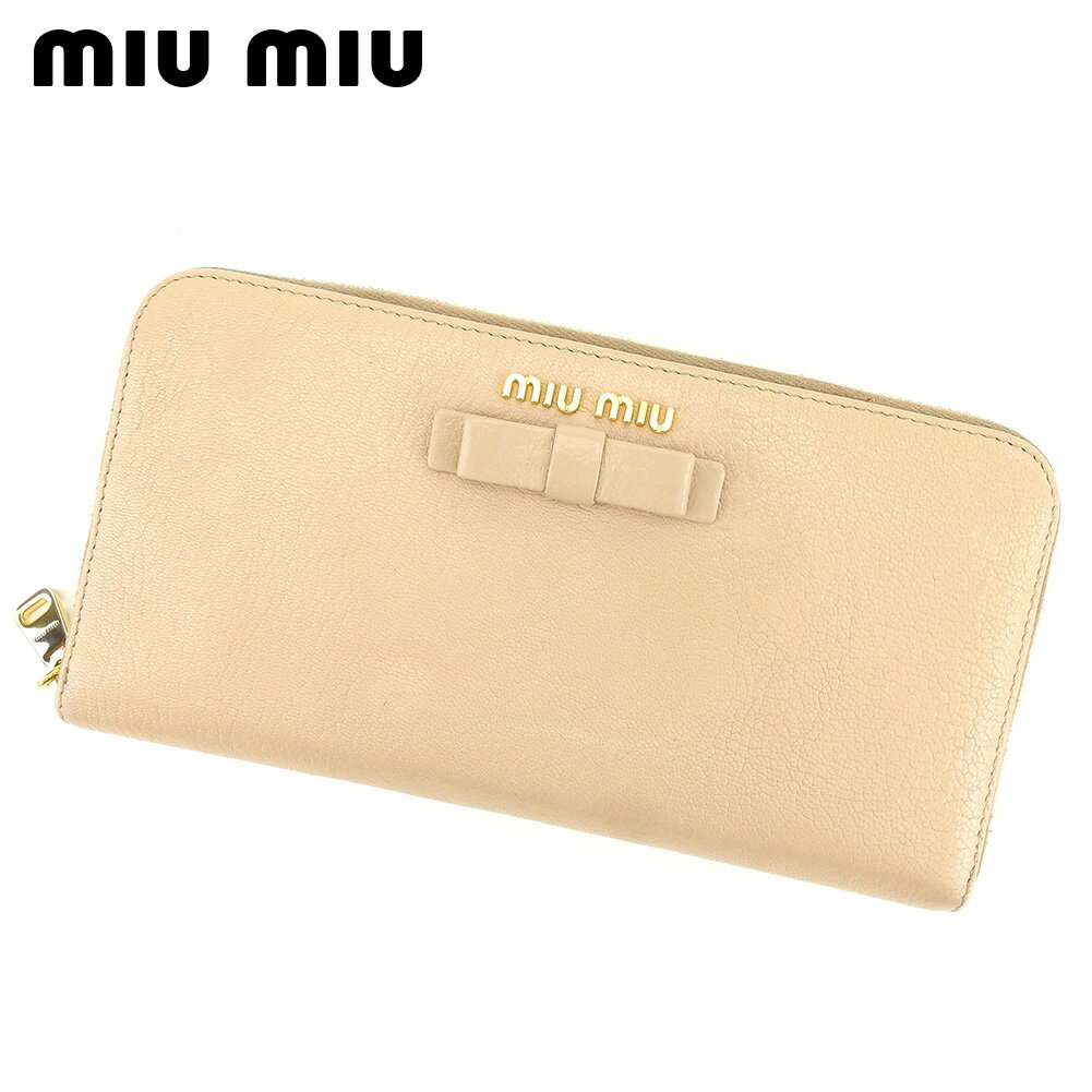 【スプリングセール30％OFF】ミュウミュウ 長財布 ラウンドファスナー リボンモチーフ ベージュ レザー miu miu 長サイフ サイフ 収納 ユニセックス 小物 【ミュウミュウ】 T13633 【中古】