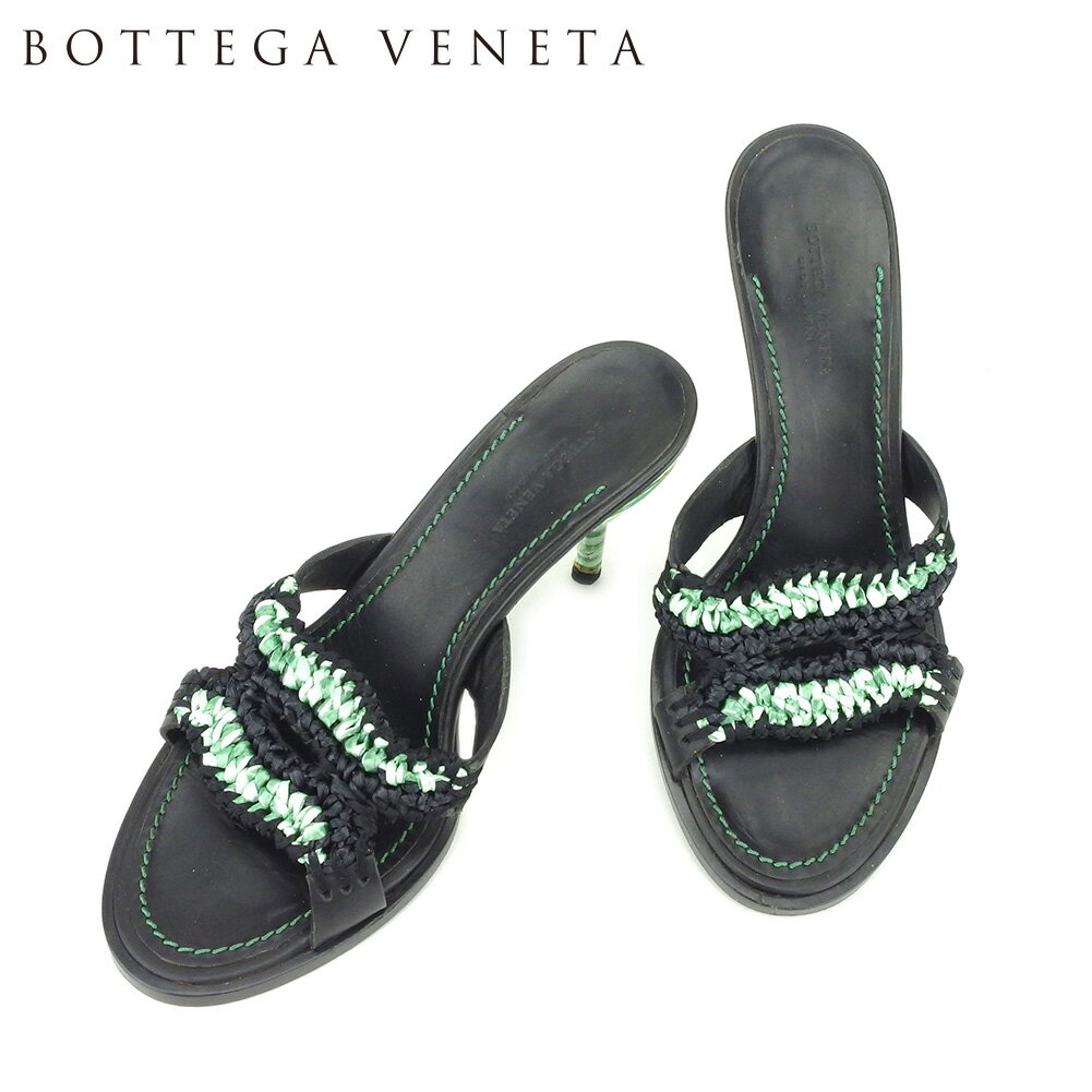 【スプリングセール30％OFF】ボッテガ ヴェネタ サンダル シューズ 靴 #34 ブラック グリーン レザー×ストロー BOTTEGA VENETA 【ボッテガ・ヴェネタ】 t14427s 【中古】