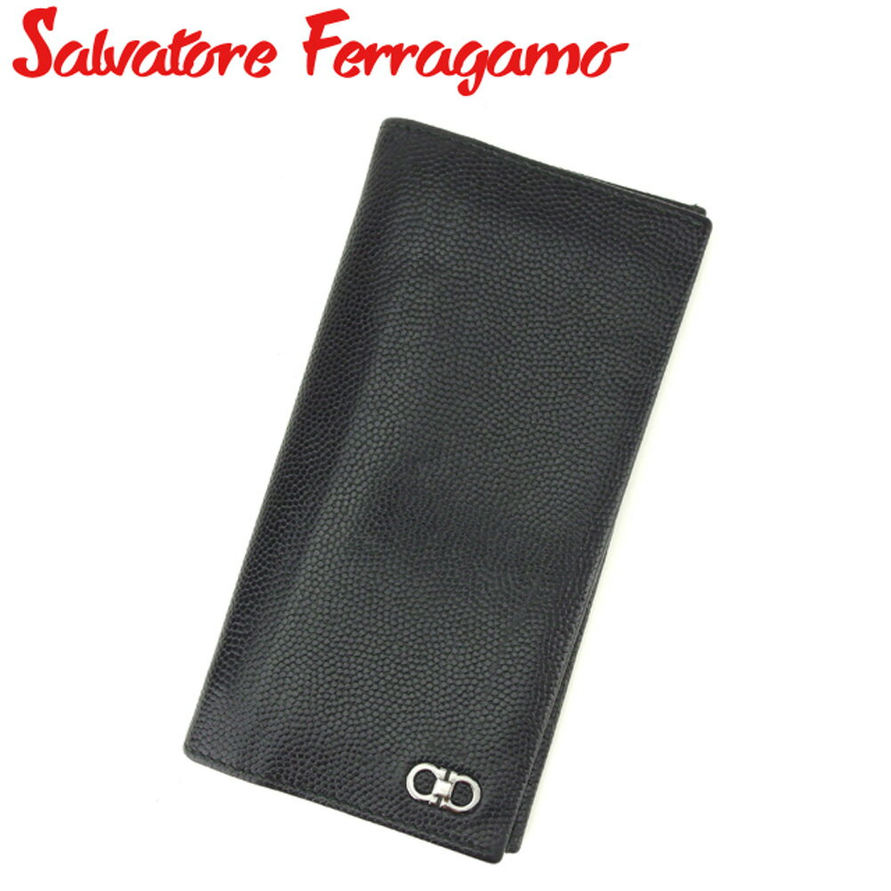 【ブラックフライデー21％OFFクーポン】サルヴァトーレ フェラガモ 長財布 ファスナー付き 長財布 ガンチーニ ブラック レザー Salvatore Ferragamo 長サイフ サイフ 収納ブランド財布 ユニセックス 小物 【フェラガモ】 T8566 【中古】 ブランド ハイブランド ヴィンテージ