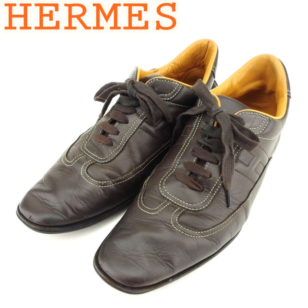 【スプリングセール30％OFF】エルメス スニーカー シューズ 靴 ♯40ハーフ ローカット クイック ブラウン ベージュ レザー HERMES 【エルメス】 t8696s 【中古】