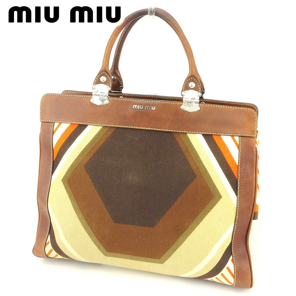 【中古】 ミュウミュウ トートバッグ バック ハンドバッグ バック ブラウン ベージュ オレンジ キャンバス×レザー miumiu バック 収納 ファッションバッグ バック 手持ちバッグ バック 【ミュウミュウ】 T8810