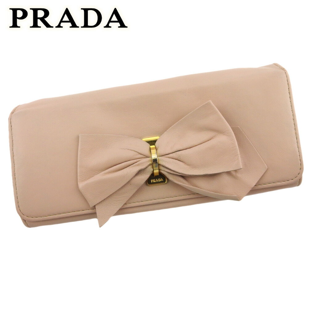 【スプリングセール30％OFF】プラダ 長財布 ファスナー付き 財布 レディース リボン ピンク ゴールド レザー PRADA i573s 【中古】