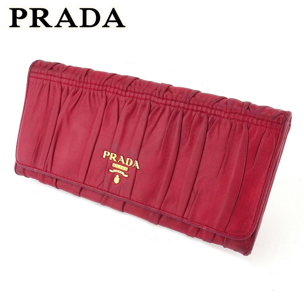 【スプリングセール30％OFF】プラダ 長財布 ファスナー付き 長財布 レディース ギャザー ピンク レザー PRADA 長サイフ サイフ 収納 ユニセックス 小物 【プラダ】 C3721 【中古】