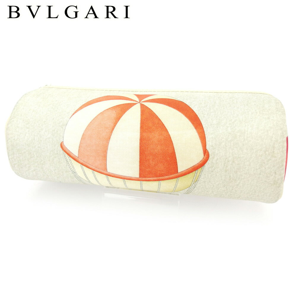 【スプリングセール30％OFF】ブルガリ BVLGARI ポーチ 化粧ポーチ レディース メンズ Vascelli volanti グレー 灰色 ベージュ レッド系 キャンバス×レザー 【ブルガリ】 C3730 【中古】