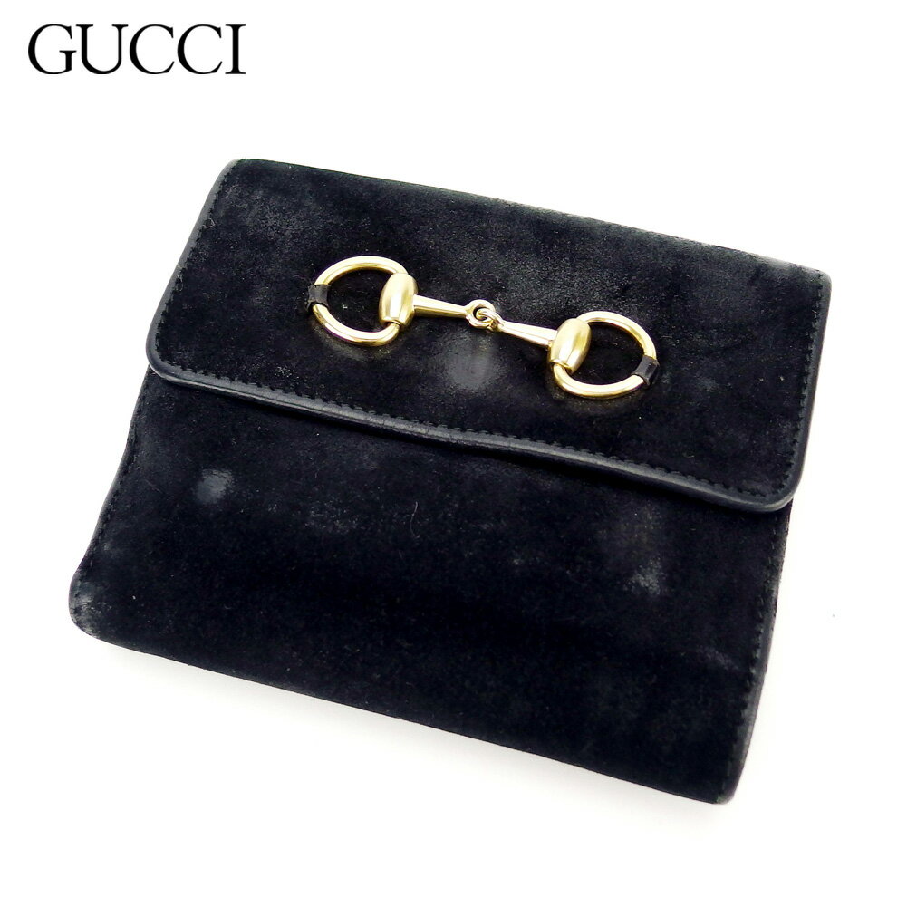 【ブラックフライデー30％OFFクーポン】グッチ Wホック 財布 二つ折り ホースビット ブラック ゴールド スエード×レザー GUCCI 【グッチ】 c3738s 【中古】 ブランド ハイブランド ヴィンテージ 送料無料
