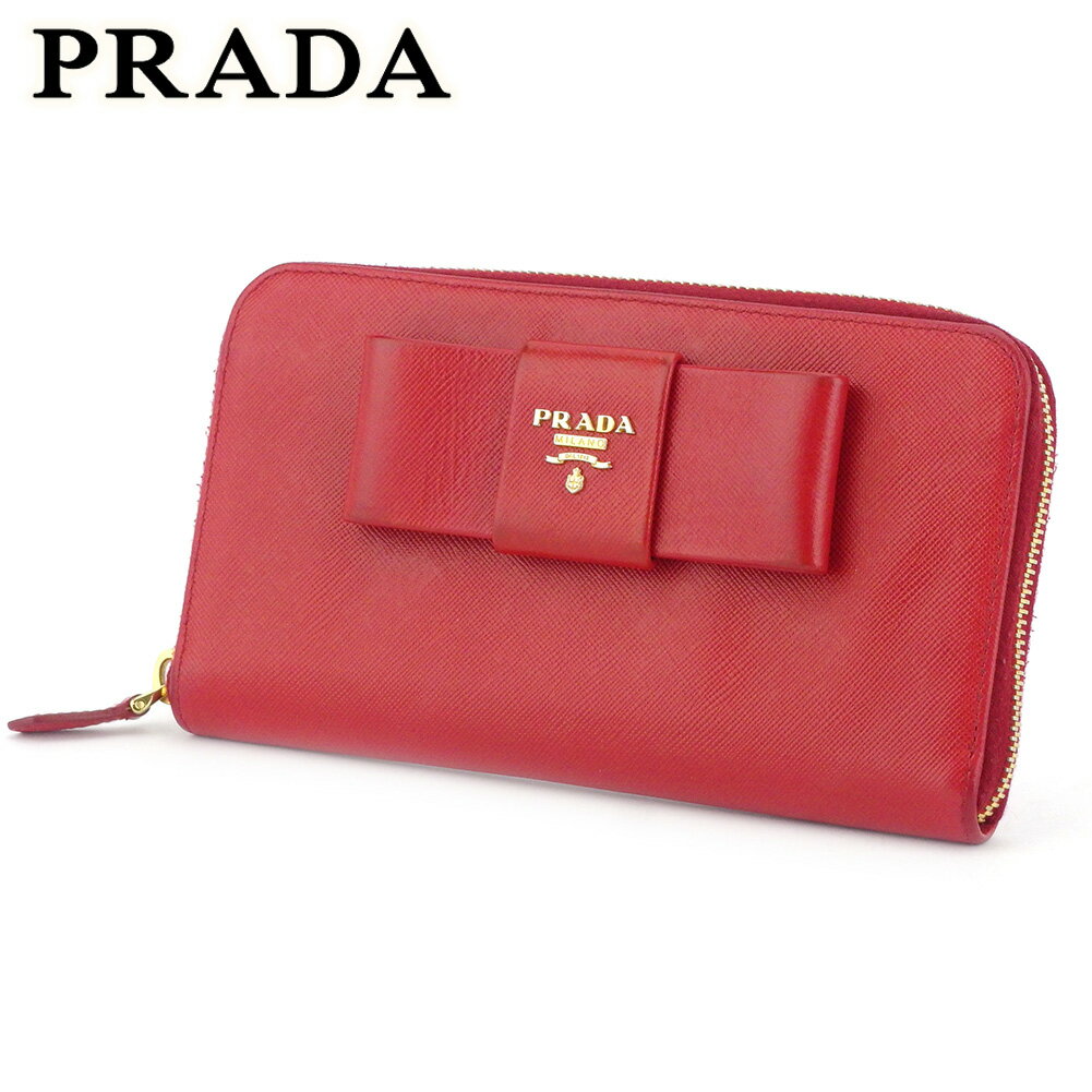 【スプリングセール30％OFF】プラダ 長財布 ラウンドファスナー 財布 リボン レッド ゴールド サフィアーノレザー PRADA C3782 【中古】