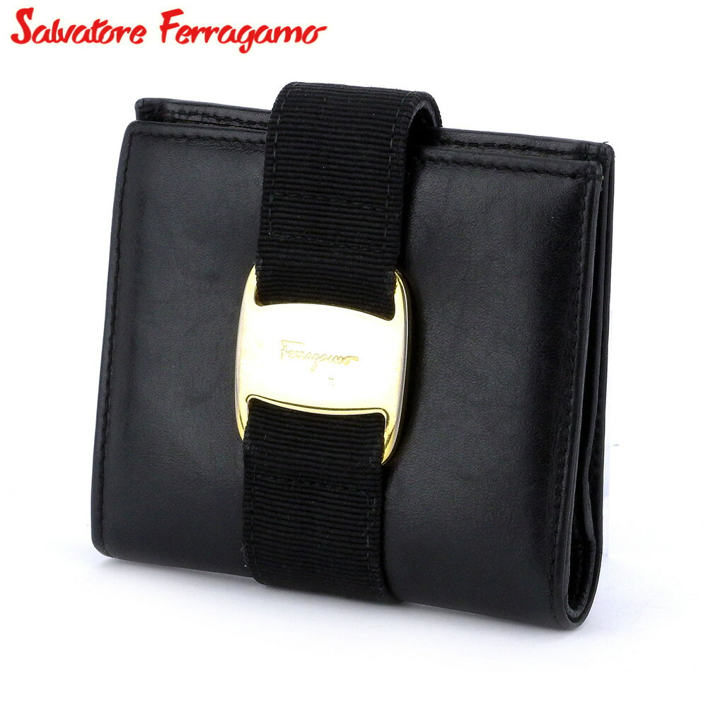 【スプリングセール30％OFF】サルヴァトーレ フェラガモ 二つ折り 財布 ヴァラ ブラック ゴールド レザー Salvatore Ferragamo t17466s 【中古】