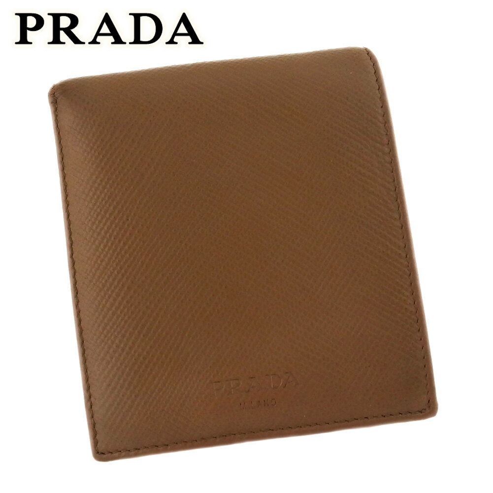 【スプリングセール30％OFF】プラダ 二つ折り 財布 ミニ財布 メンズ ロゴ ライトブラウン サフィアーノレザー PRADA c4140s 【中古】