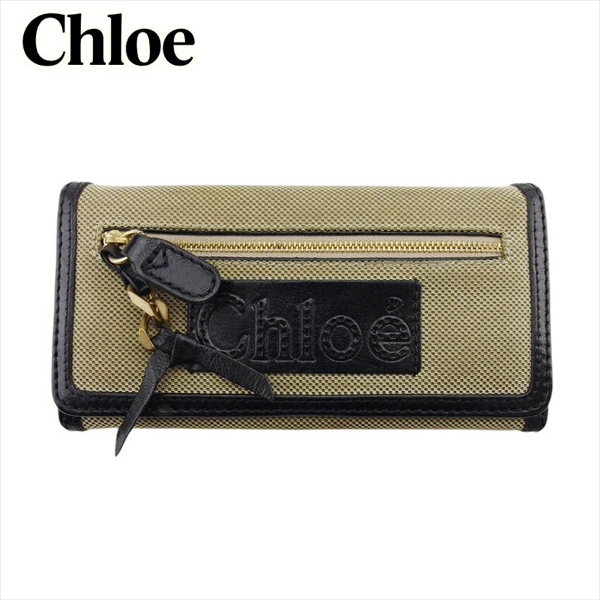 【スプリングセール30％OFF】クロエ 長財布 ファスナー付き 長財布 レディース ベージュ×ブラック キャンバス×レザー Chloe L3948 【中古】