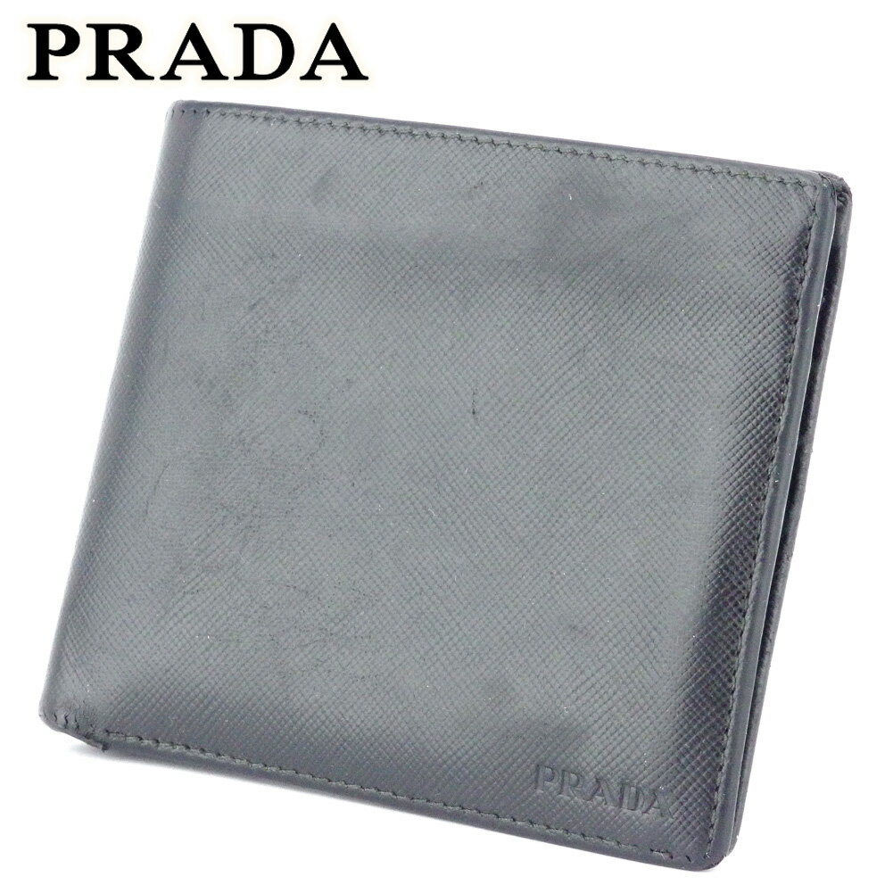 【スプリングセール30％OFF】プラダ 二つ折り 札入れ メンズ ロゴ ブラック サフィアーノレザー PRADA 【プラダ】 T18095 【中古】