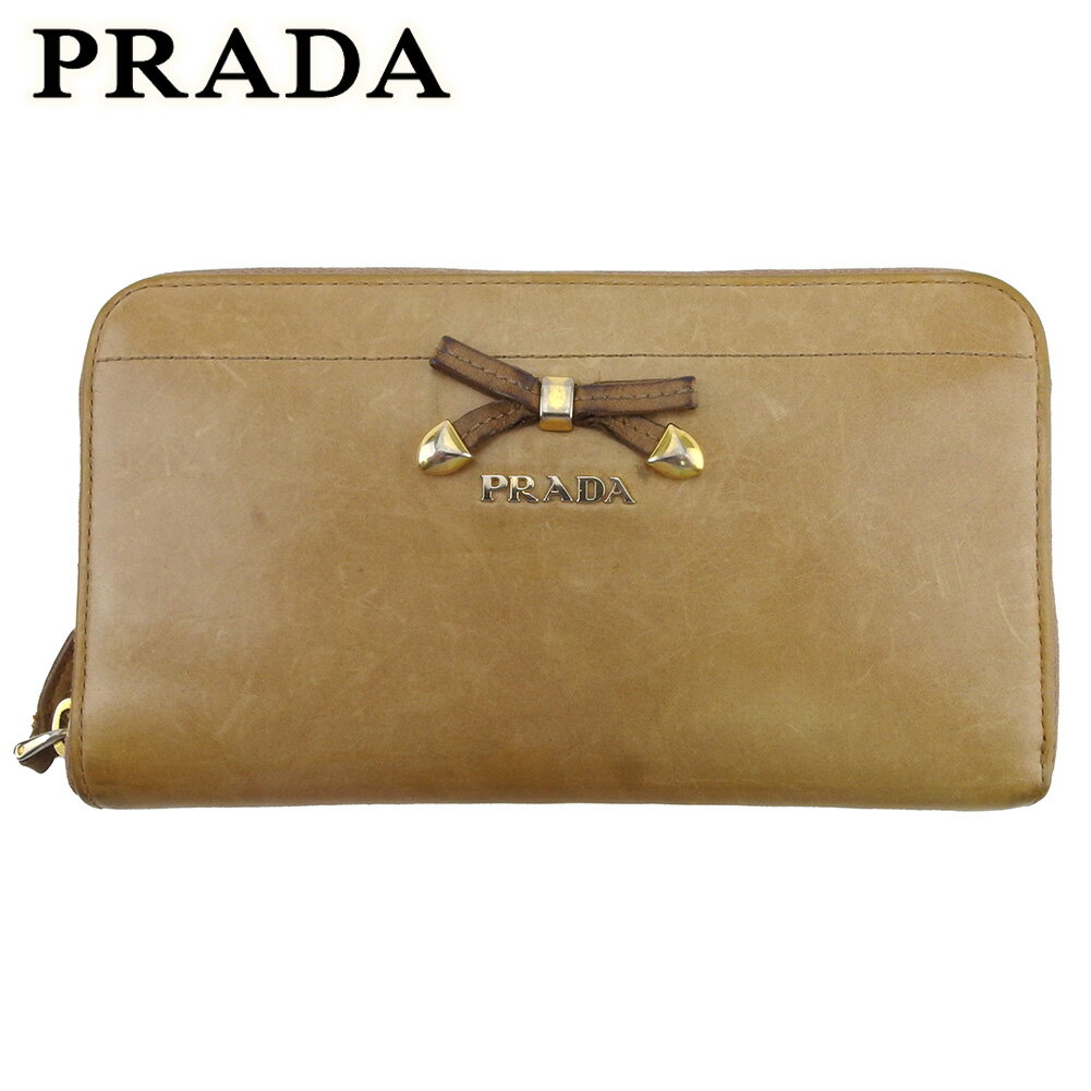 【スプリングセール30％OFF】プラダ 長財布 ラウンドファスナー 財布 レディース リボン ベージュ ゴールド ピンク レザー PRADA 【プラダ】 f1671s 【中古】