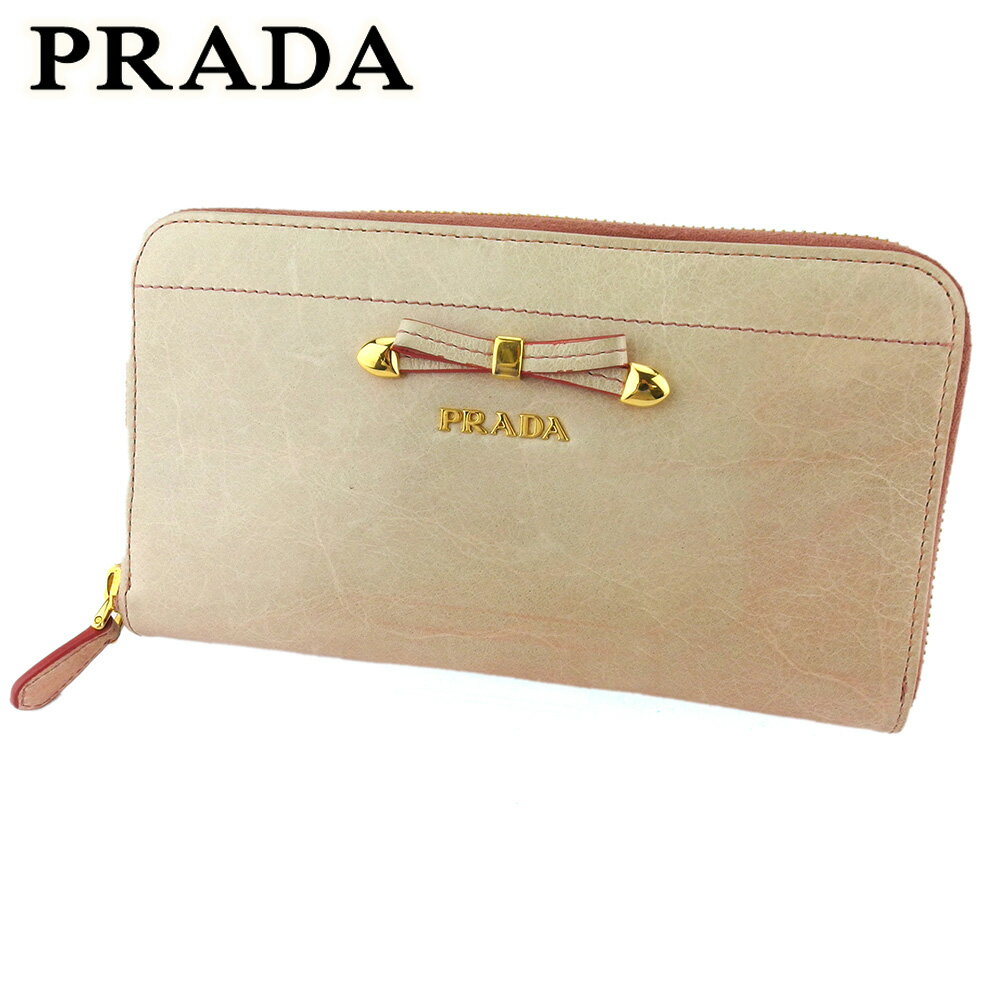 【スプリングセール30％OFF】プラダ 長財布 ラウンドファスナー 財布 レディース リボン ベージュ ピンク ゴールド レザー PRADA 【プラダ】 T18410 【中古】