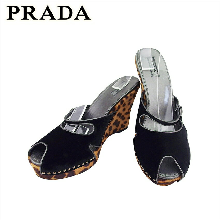 【スプリングセール30％OFF】【中古】 プラダ ミュール シューズ 靴 レディース レオパード ブラック×ブラウン ハラコ PRADA E16978