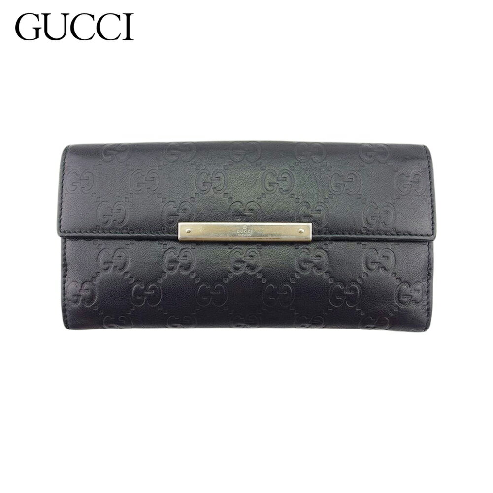 【スプリングセール30％OFF】【中古】 グッチ 長財布 Wホック グッチシマ ブラック ゴールド レザー GUCCI T21885