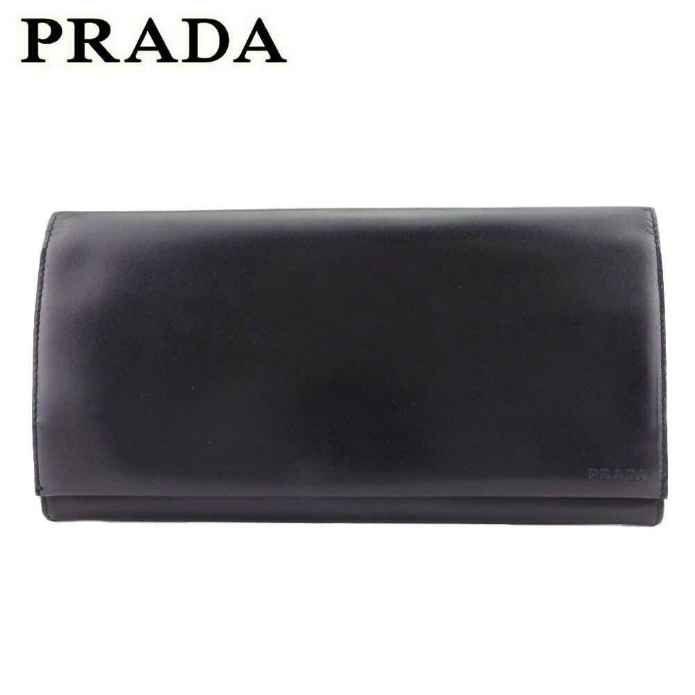 【スプリングセール30％OFF】【中古】 プラダ 二つ折り 財布 メンズ可 ブラック レザー PRADA T22362