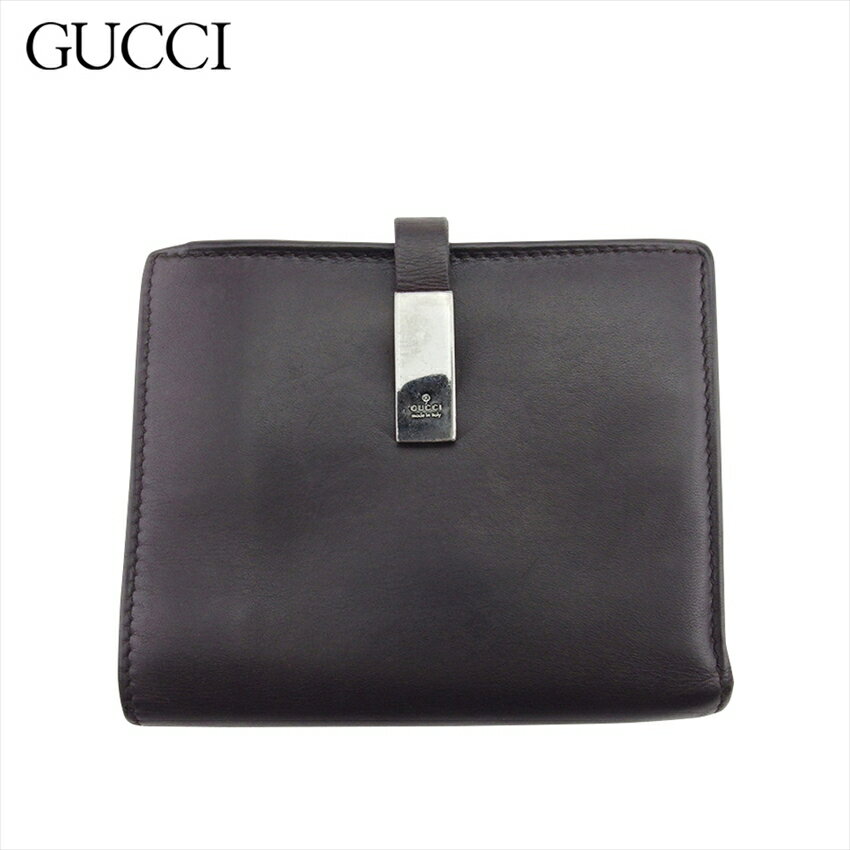 【スプリングセール】【中古】 グッチ Wホック 財布 二つ折り メンズ ロゴプレート ブラウン シルバー レザー GUCCI F1858