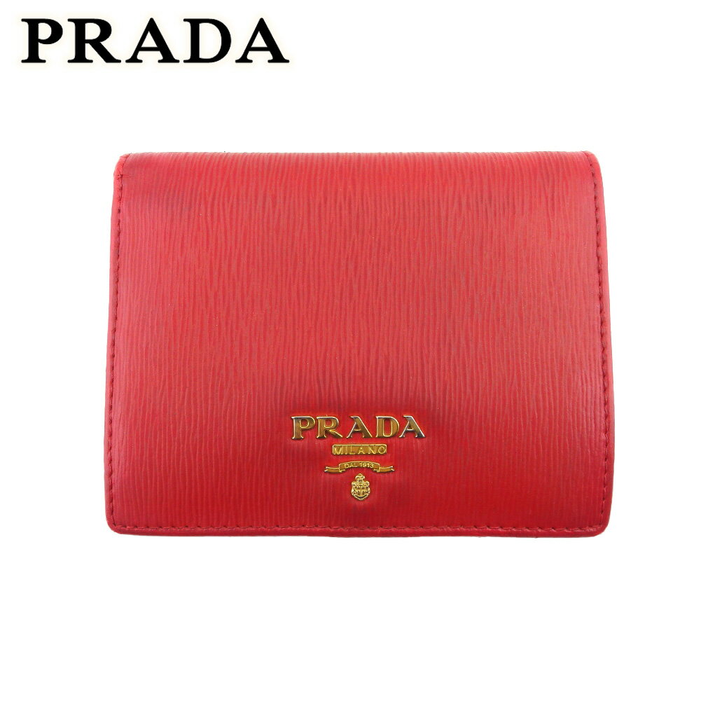 【スプリングセール30％OFF】【中古】 プラダ 二つ折り 財布 ミニ財布 レディース ロゴ レッド ゴールド レザー PRADA F1876