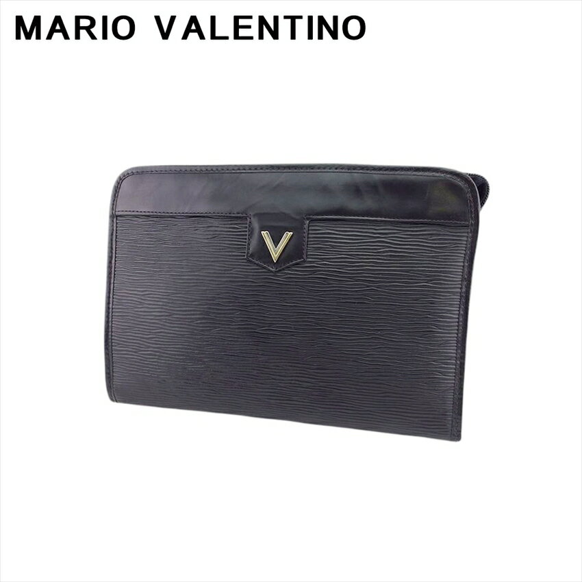 【スプリングセール30％OFF】【中古】 マリオ ヴァレンティノ クラッチバッグ セカンド バッグ レディース メンズ Vマーク ブラック ゴールド シルバー レザー MARIO VALENTINO Q776