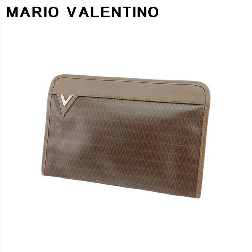 【スプリングセール30％OFF】【中古】 マリオ ヴァレンティノ クラッチバッグ セカンド バッグ レディース メンズ Vマーク ブラウン ゴールド シルバー PVC×レザー MARIO VALENTINO T21305