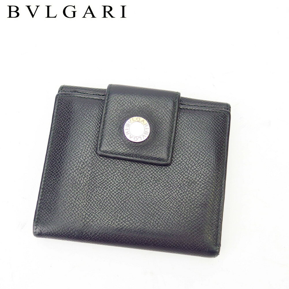 【スプリングセール30％OFF】【中古】 ブルガリ Wホック 財布 二つ折り ロゴボタン ブラック シルバー レザー BVLGARI T17750