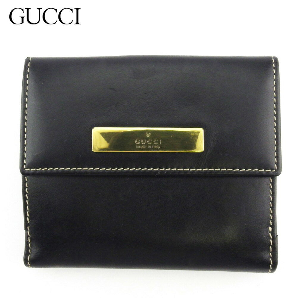 【スプリングセール】グッチ Wホック 財布 二つ折り ミニ財布 レディース メンズ ロゴプレート ブラック ゴールド レザー GUCCI 【グッチ】 L3182 【中古】