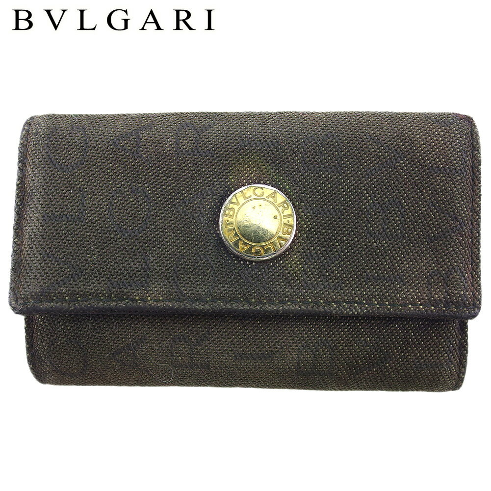 【スプリングセール】ブルガリ キーケース レディース メンズ ロゴマニア グレー 灰色 ブラック シルバー キャンバス×レザー BVLGARI l3552s 【中古】