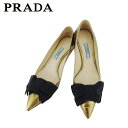 【スプリングセール】プラダ パンプス シューズ 靴 レディース ♯36 ポインテッドトゥ リボン ゴールド ブラック レザー PRADA L3826 【中古】