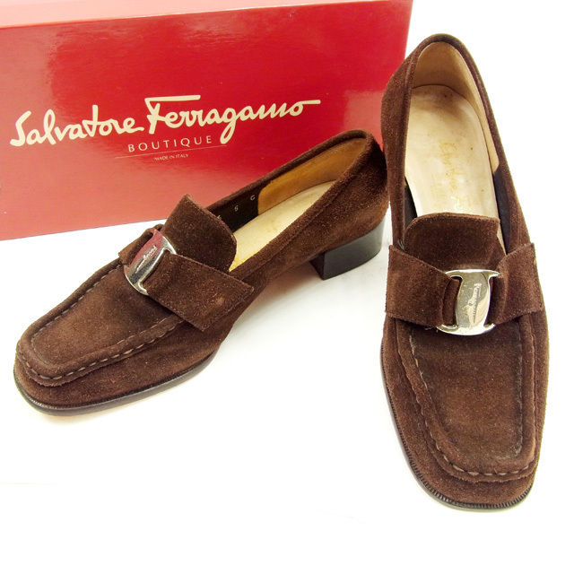 【スプリングセール30％OFF】サルヴァトーレ フェラガモ Salvatore Ferragamo パンプス #5C レディース ブラウン×シルバー スエード 【フェラガモ】 A1293 【中古】