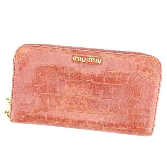 【スプリングセール30％OFF】ミュウミュウ 長財布 ラウンドファスナー クロコダイル型押し ピンク PVC×レザー miu miu 【ミュウミュウ】 【中古】 a1415s