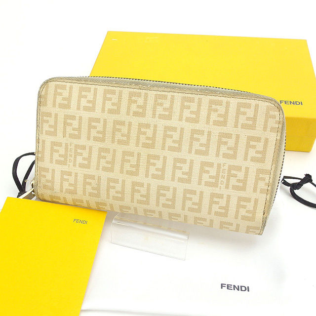 【スプリングセール30％OFF】フェンディ 長財布 ラウンドファスナー ズッキーノ ベージュ系×ゴールド FENDI 【フェンディ】 c2057s 【中古】