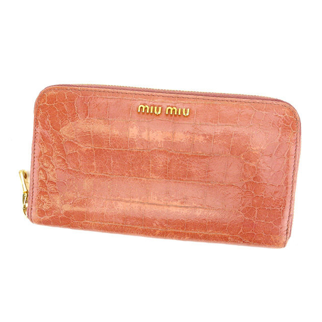 【中古】 【期間限定クーポン】 ミュウミュウ miumiu 長財布 ラウンドファスナー ロゴ入り ピンク×ゴールド レディース メンズ ユニセックス サイフ 小物 ブランド 人気 贈り物 迅速発送 男性 女性 兼用 1点物 良品 D1352