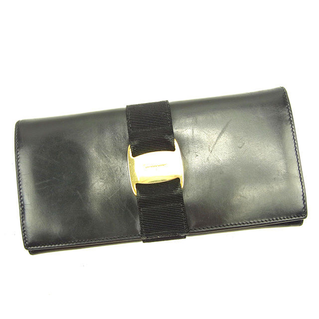 【スプリングセール】サルヴァトーレ フェラガモ 長財布 ファスナー 二つ折り ヴァラ金具 ブラック×ゴールド Salvatore Ferragamo 長サイフ サイフ 収納 ユニセックス 小物 【フェラガモ】 D1462 【中古】