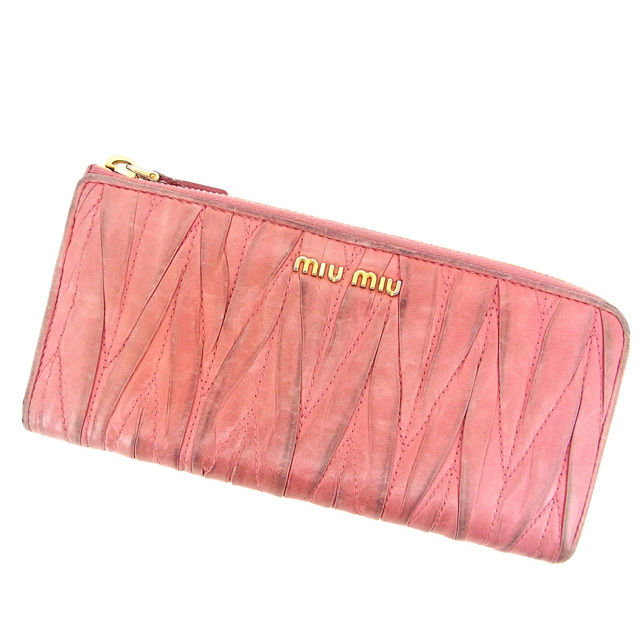 【2100円オフクーポン】 【中古】 ミュウミュウ L字ファスナー財布 長財布 マテラッセ ピンク miumiu 【ミュウミュウ】 e495s ★