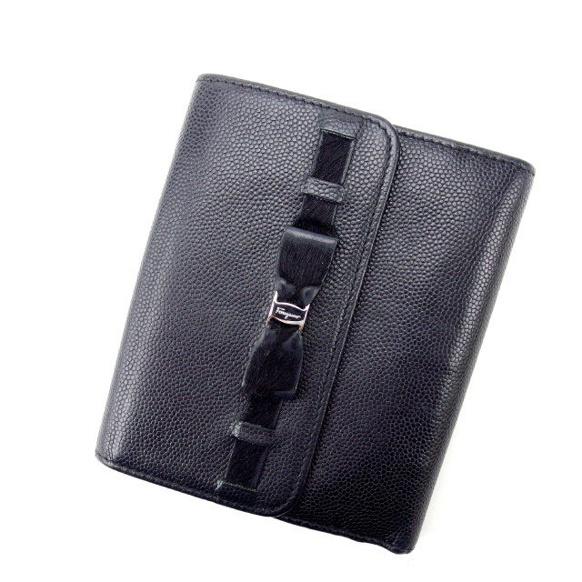 【スプリングセール】サルヴァトーレ フェラガモ Wホック財布 ヴァラリボン ブラック Salvatore Ferragamo 【フェラガモ】 f725s 【中古】