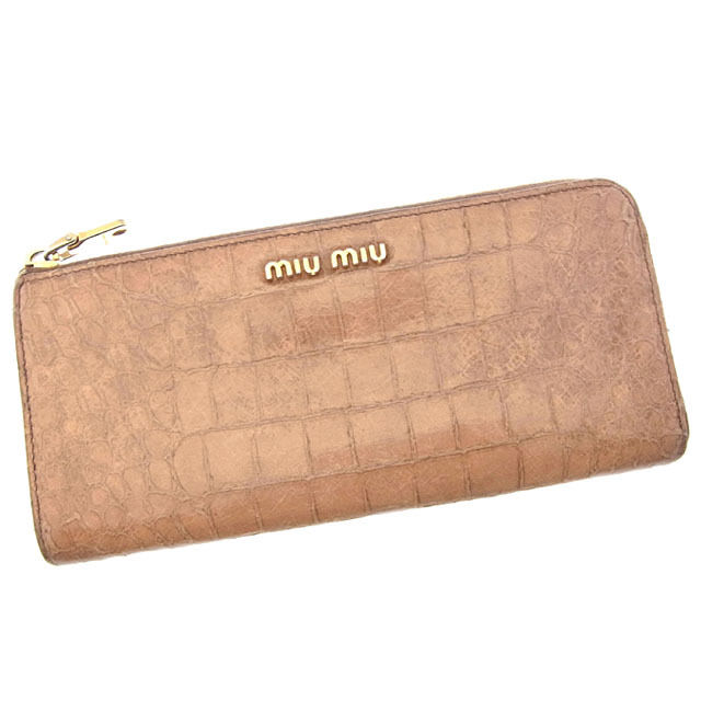 【スプリングセール30％OFF】ミュウミュウ 長財布 L字ファスナー ロゴ入り クロコダイル調 ベージュ×ゴールド miumiu 【ミュウミュウ】 h219s 【中古】