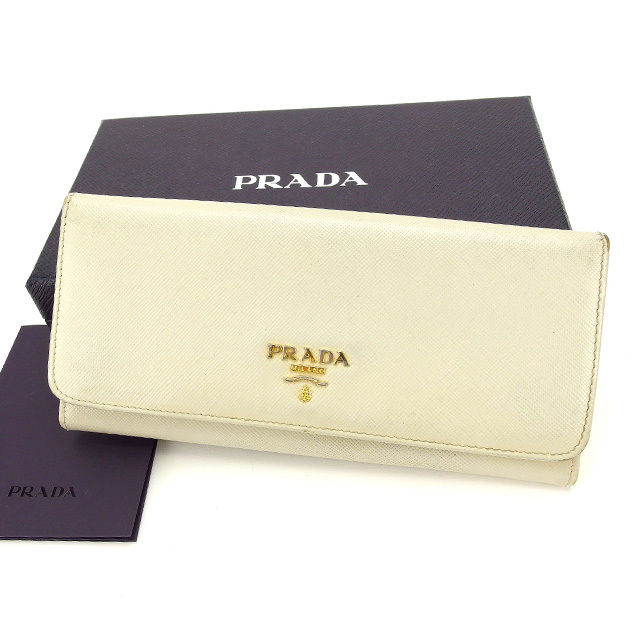 【スプリングセール30％OFF】プラダ 長財布 ファスナー 二つ折り ロゴ ライトベージュ×ゴールド PRADA 長サイフ サイフ 収納 ユニセックス 小物 【プラダ】 L510 【中古】