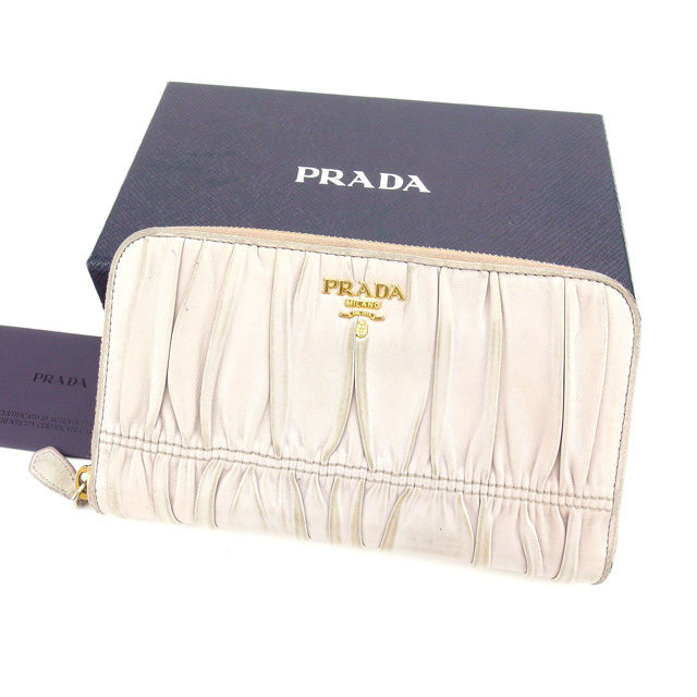 【スプリングセール30％OFF】プラダ 長財布 ラウンドファスナー ギャザー入リ グレーベージュ×ゴールド レザー PRADA 長サイフ サイフ 収納 ユニセックス 小物 【プラダ】 L983 【中古】