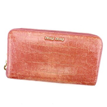 【中古】 ミュウミュウ miu miu 長財布 財布 ラウンドファスナー ピンク×ゴールド レディース メンズ ユニセックス 型押しレザー サイフ 小物 ブランド 人気 贈り物 迅速発送 在庫処分 男性 女性 良品 夏 1点物 L2042