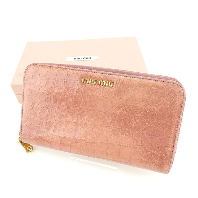 ミュウミュウ 長財布 ラウンドファスナー クロコダイル調 ピンク×ゴールド 型押しレザー miu miu 【ミュウミュウ】 p475s 【中古】