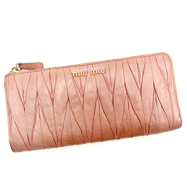 【スプリングセール】ミュウミュウ 長財布 L字ファスナー マテラッセ ピンク×ゴールド レザー miu miu 長サイフ サイフ 収納 ユニセックス 小物 【ミュウミュウ】 T033 【中古】