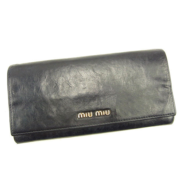 【スプリングセール30％OFF】ミュウミュウ 長財布 ファスナー付き長財布 ロゴ ブラック×ピンク レザー miu miu 長サイフ サイフ 収納 ユニセックス 小物 【ミュウミュウ】 T1124 【中古】