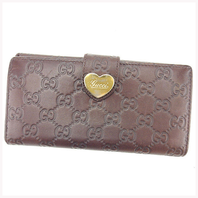 【スプリングセール】グッチ 長財布 財布 Wホック財布 ハートプレート グッチシマ ブラウン×ゴールド レザー GUCCI 長サイフ サイフ 収納 ユニセックス 小物 【グッチ】 T1431 【中古】
