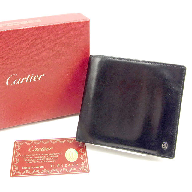 【スプリングセール30％OFF】カルティエ 二つ折り財布 パシャ ブラック×シルバー レザー Cartier 【カルティエ】 t153s 【中古】