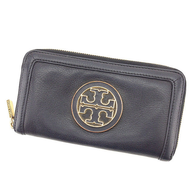 【スプリングセール30％OFF】トリーバーチ 長財布 財布 ラウンドファスナー ロゴプレート ブラック×ゴールド レザー Tory Burch 【トリーバーチ】 t1760s 【中古】