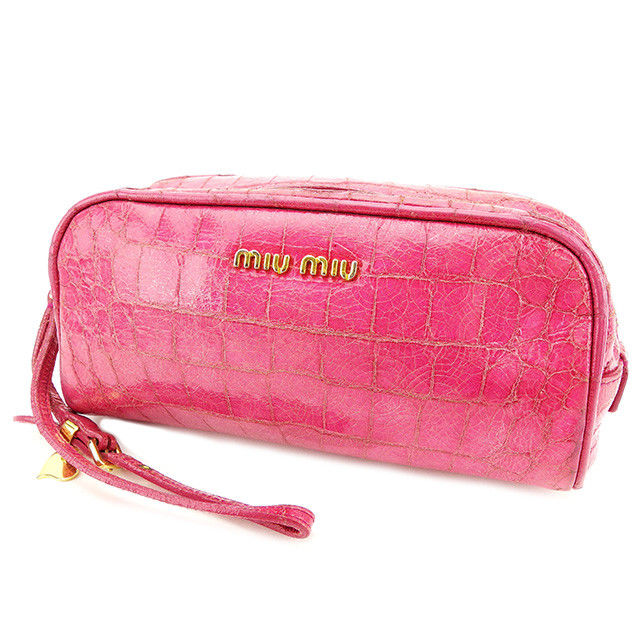 【スプリングセール30％OFF】ミュウミュウ 化粧ポーチ 化粧ポーチ クロコダイル型押し ピンク PVC×レザー miumiu 【ミュウミュウ】 t2823s 【中古】