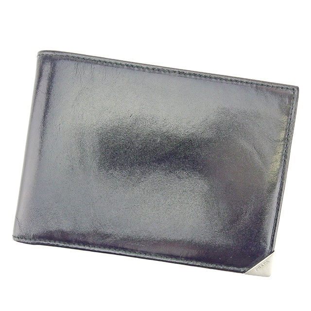 【スプリングセール】プラダ PRADA 二つ折り札入れ チケットケース メンズ可 ブラック レザー 【プラダ】 T744 【中古】